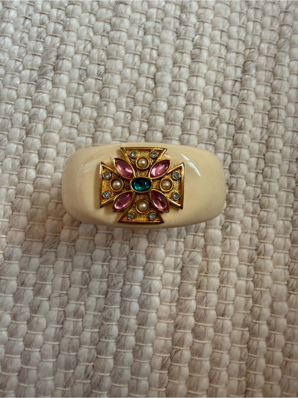 Cream Resin Bangle with Gold Tone Gemmed Cross Accent
